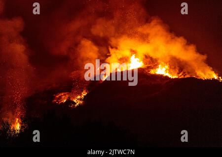 Boleagh, West Cork, Irlanda. 1st Set, 2022. Un grande fuoco di gola ha preso possesso della campagna il giovedì sera a Boleagh, tra Ballydehob e Bantry in Cork occidentale. Il fronte dei vigili del fuoco era largo un paio di chilometri e gli equipaggi di Schull e Bantry erano chiamati a combattere la macchia. Non si sa come è iniziato il fuoco. Credit: AG News/Alamy Live News Foto Stock