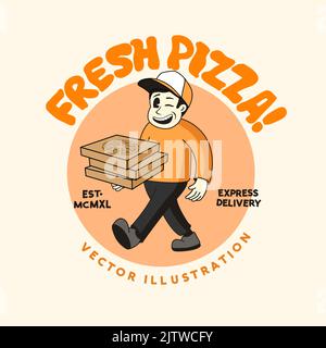 Servizio di consegna pizza fast food mascotte vintage carattere maschile. Illustrazione vettoriale. Illustrazione Vettoriale