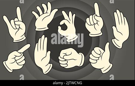 Una serie di gesti di varie mani, stile cartoon vintage. Illustrazione vettoriale. Illustrazione Vettoriale