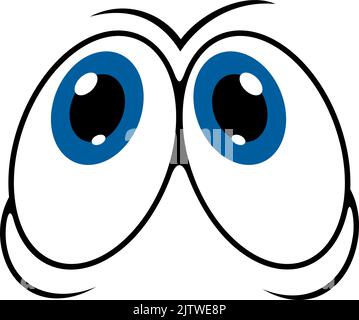 Personaggio dei cartoni animati, sorriso sugli occhi e simpatici emoji comici, icona vettoriale. Occhi di cartoni animati o emoticon facciali o chiacchierare espressione emotiva, scarabocchiare googly grande blu occhi Illustrazione Vettoriale