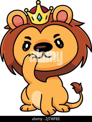 Un leone cartoon con un volto serio con una corona sulla testa Illustrazione Vettoriale