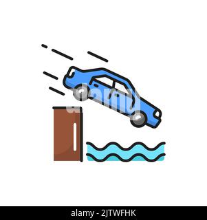 Banchina o riva del fiume non protetta, auto isolata che cade lungo il fiume, icona della linea di colore vettoriale. Incidente automobile caduta da pendenza in acqua Illustrazione Vettoriale