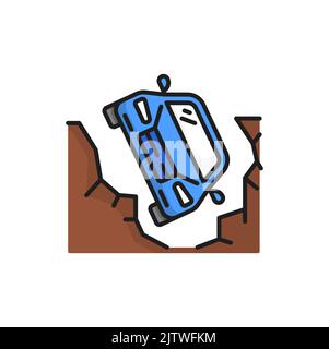 Auto caduta da scogliera o montagna colore isolato linea icona. Veicoli con frane e fossati pericolosi, guasti su strada, caduta automatica in discesa Illustrazione Vettoriale