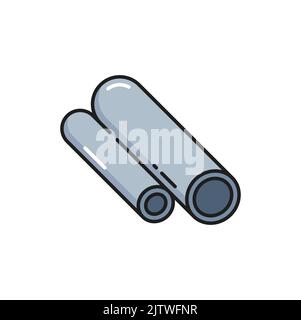 Oggetto di costruzione in metallo laminato profilo in metallo di forma cilindrica icona di contorno isolato. Profilo del tubo in alluminio vettoriale, armatura in metallo non ferroso Illustrazione Vettoriale