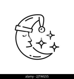 Luna di Crescent in cappello di notte e stelle isolato linea sottile icona. Vector Luna addormentata viso, luna e ora di coricarsi, creativo simbolo della notte di goodnight. Cielo d'inverno e luna del bambino sognante, linea d'arte per il disegno di fotoricettore Illustrazione Vettoriale