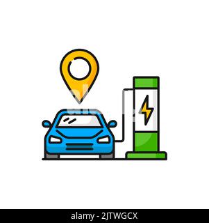 Ricarica dell'auto elettrica presso la stazione di ricarica con icona a colori isolata con il simbolo del punto di posizionamento. Punto di ricarica vettoriale, auto ibrida eco-compatibile con la spina Illustrazione Vettoriale