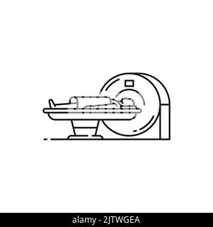 Donna che esegue la scansione RM su un'icona a contorno isolato della macchina per tomografia. Scansione del paziente con risonanza magnetica vettoriale, tomografia computerizzata diagnostica Illustrazione Vettoriale