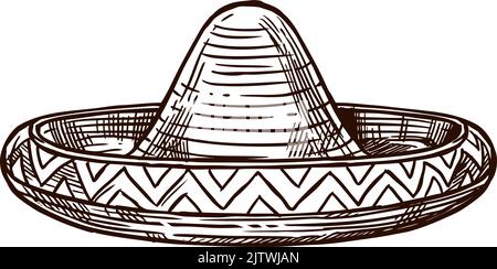 Festa messicana sombrero, simbolo di schizzo vettoriale. Cinco de Mayo o festa del 5 maggio in Messico, tradizionale simbolo nazionale di celebrazione del cappello messicano sombrero Illustrazione Vettoriale