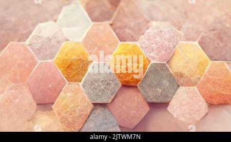 Struttura di fondo di forme esagonali nei colori rosa tenue, giallo, arancione e grigio con illuminazione brillante. Foto Stock