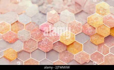 Struttura di fondo di forme esagonali nei colori rosa tenue, giallo, arancione e grigio con illuminazione brillante. Foto Stock