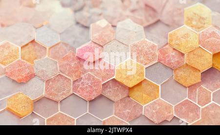Struttura di fondo di forme esagonali nei colori rosa tenue, giallo, arancione e grigio con illuminazione brillante. Foto Stock
