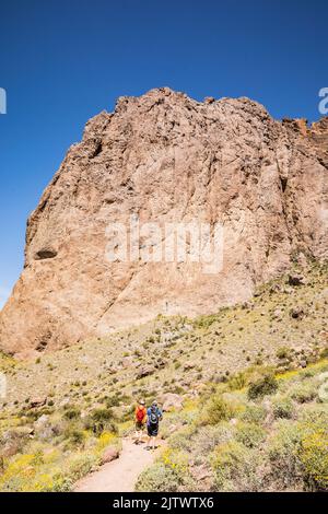 Due uomini che camminano Siphon Draw nel Lost Dutchman state Park, Arizona, USA. Foto Stock