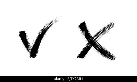 Pennello dipinto sì e senza segni di spunta. Segno di spunta e croce in bianco e nero. Icone di approvazione e rifiuto votate disegnate. Emblemi X e V. Illustrazione Vettoriale