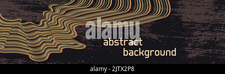 Poster astratto design di sfondo e grafica futuristica. Banner in stile retrò con linee curve dinamiche dai colori brillanti su sporco scuro e grunge Illustrazione Vettoriale