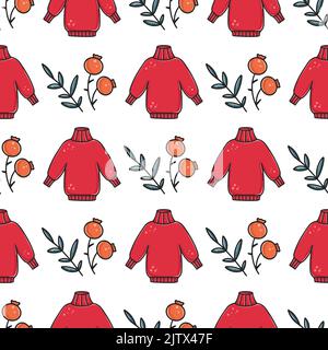 Modello autunnale senza cuciture con maglioni, bacche e foglie in maglia. Accogliente sfondo autunnale. Stampa con simboli autunnali o invernali per tessuti, carta Illustrazione Vettoriale