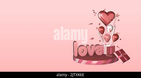 3D San Valentino sfondo giorno madri sfondo banner compleanno banner palloncini parola d'amore adatto per le madri giorno San Valentino compleanno Foto Stock