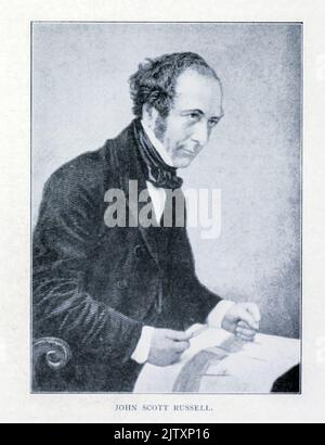 John Scott Russell FRSE FRS FRSA (Parkhead, 9 maggio 1808 – Ventnor, 8 giugno 1882) è stato un . Fece la scoperta dell'onda di traduzione che diede origine al moderno studio dei solitoni, e sviluppò il sistema di wave-line di costruzione navale. Dal libro 'la flotta da battaglia britannica; il suo inizio e la sua crescita nel corso dei secoli fino ai giorni nostri ' Foto Stock