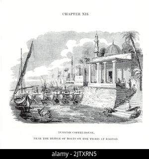 Turkish Coffee-House, vicino al Ponte delle barche sul Tigri a Bagdad (inciso da Branston) dal libro 'Viaggi in Mesopotamia. Compreso un viaggio da Aleppo, attraverso l'Eufrate a Orfah [Urfa], (l'Ur dei Caldei) attraverso le pianure dei Turcomani, ' da Buckingham, James Silk, 1786-1855 Volume 2 Data di pubblicazione 1827 Editore Londra, H. Colburn Foto Stock