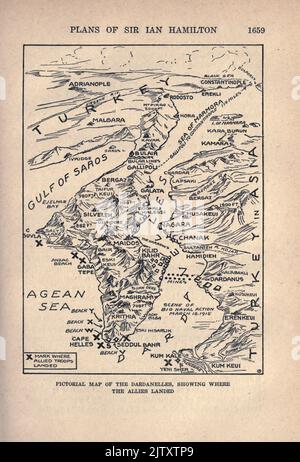 MAPPA PITTORICA DI DARDANELLI, CHE MOSTRA DOVE GLI ALLEATI SONO SBARCATI dal libro la storia della grande guerra; la documentazione storica completa degli eventi fino ad oggi DIPLOMATICI E DOCUMENTI DI STATO di Reynolds, Francis Joseph, 1867-1937; Churchill, Allen Leon; Miller, Francis Trevelyan, 1877-1959; Wood, Leonard, 1860-1927; Knight, Austin Melvin, 1854-1927; Palmer, Frederick, 1873-1958; Simonds, Frank Herbert, 1878-; Ruhl, Arthur Brown, 1876 - pubblicato nel 1920 Foto Stock