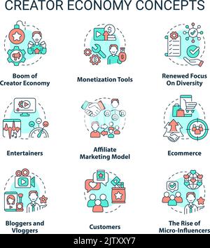 Set di icone del concetto di economia dei creatori Illustrazione Vettoriale