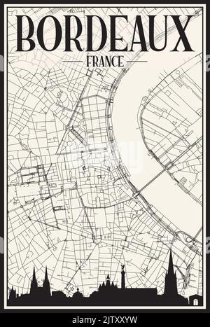 Poster della città con stampa leggera con skyline panoramico e strade disegnate a mano su sfondo beige vintage del centro DI BORDEAUX, FRANCIA Illustrazione Vettoriale