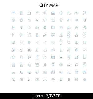 icone della mappa della città, segni, simboli di contorno, illustrazione lineare concetto collezione di linee Illustrazione Vettoriale