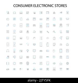 negozi elettronici di consumo icone, insegne, simboli di contorno, concept lineare illustrazione collezione di linee Illustrazione Vettoriale
