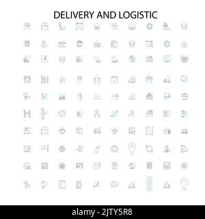 icone di consegna e logistica, insegne, simboli di contorno, linee di illustrazione lineari concettuali Illustrazione Vettoriale