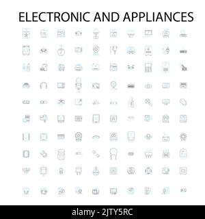 icone elettroniche ed elettrodomestici, insegne, simboli di contorno, linee di illustrazione lineari concettuali Illustrazione Vettoriale