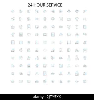 icone, cartelli, simboli di contorno del concetto di servizio 24 ore su 24, illustrazione lineare del concetto, raccolta di linee Illustrazione Vettoriale