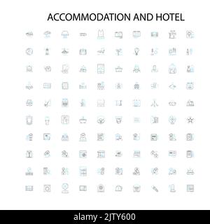 sistemazione e hotel icone, segnaletica, simboli di contorno, concetto lineare illustrazione collezione di linee Illustrazione Vettoriale