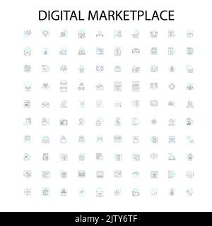 icone del mercato digitale, insegne, simboli di contorno, linee di illustrazione lineari concettuali Illustrazione Vettoriale