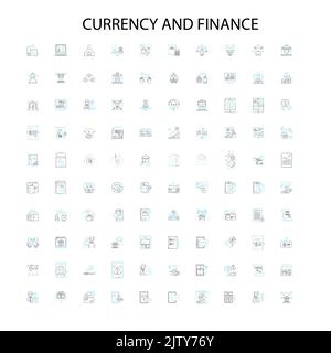 icone di valuta e finanza, insegne, simboli di contorno, linee di illustrazione lineari concettuali Illustrazione Vettoriale