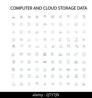 icone di dati di archiviazione su computer e cloud, insegne, simboli di contorno, linee di illustrazione lineari concettuali Illustrazione Vettoriale