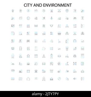 icone della città e dell'ambiente, insegne, simboli di contorno, linee di illustrazione lineari concettuali Illustrazione Vettoriale