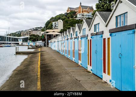 Capannoni di legno a Wellington, Nuova Zelanda. Foto Stock