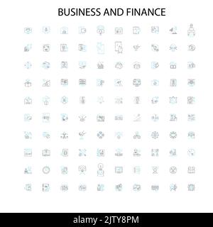 icone commerciali e finanziarie, insegne, simboli di contorno, linee di illustrazione lineari concettuali Illustrazione Vettoriale