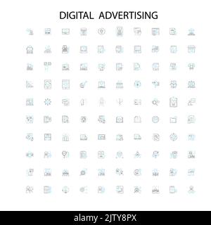 pubblicità digitale icone, insegne, simboli di contorno, concetto lineare illustrazione collezione di linee Illustrazione Vettoriale