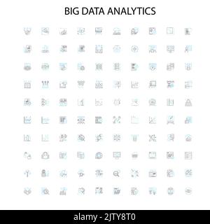 icone di analisi dei big data, cartelli, simboli di contorno, linee di illustrazione lineari concettuali Illustrazione Vettoriale