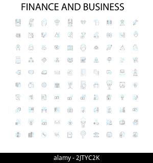 icone finanziarie e commerciali, insegne, simboli di contorno, linee di illustrazione lineari concettuali Illustrazione Vettoriale