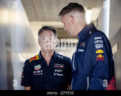 Zandvoort, Paesi Bassi. 02nd Set, 2022. ZANDVOORT - Christian Horner (Red Bull Racing) dopo la 1st sessione di prove libere prima del F1° Gran Premio dei Paesi Bassi al circuito van Zandvoort il 2 settembre 2022 a Zandvoort, Paesi Bassi. ANP SEM VAN DER WAL Credit: ANP/Alamy Live News Foto Stock