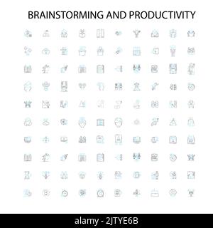 icone di brainstorming e produttività, insegne, simboli di contorno, linee di illustrazione lineari concettuali Illustrazione Vettoriale