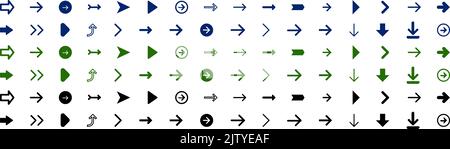 Icone frecce impostate. Freccia destra blu, simbolo verde nero in cerchio. Scarica, pulsante di riproduzione Illustrazione Vettoriale