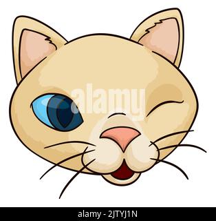 Cute viso di gatto con occhi blu con pelliccia crema che si avvolgeva a voi, isolato in stile cartone animato. Illustrazione Vettoriale
