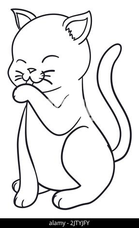 Carino gattino seduto e leccare la sua zampa, disegnando in contorni per colorare. Illustrazione Vettoriale