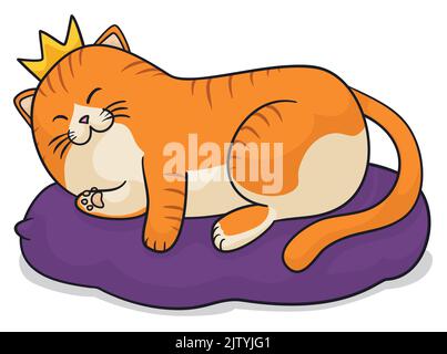 Gatto a righe che vive come un re e indossa una corona, dorme su un cuscino, in stile cartone animato. Illustrazione Vettoriale