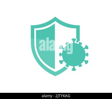 Virus e scudo, protezione antibatterica, logo antivirale del farmaco. Protezione antibatterica icona, scudo e disegno del vettore del virus. Illustrazione Vettoriale