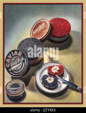 CAVIALE Vintage 1950s Unione Sovietica URSS Pubblicità Poster Caviale lusso rosso e nero varietà in barattoli specialità di pesce russo alimentare. Raro ricercato e molto costoso Foto Stock