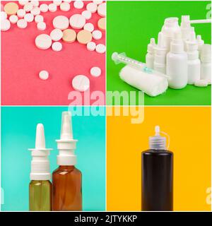 Il collage include compresse, pillole, farmaci Foto Stock