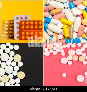 Il collage include compresse, pillole, farmaci Foto Stock